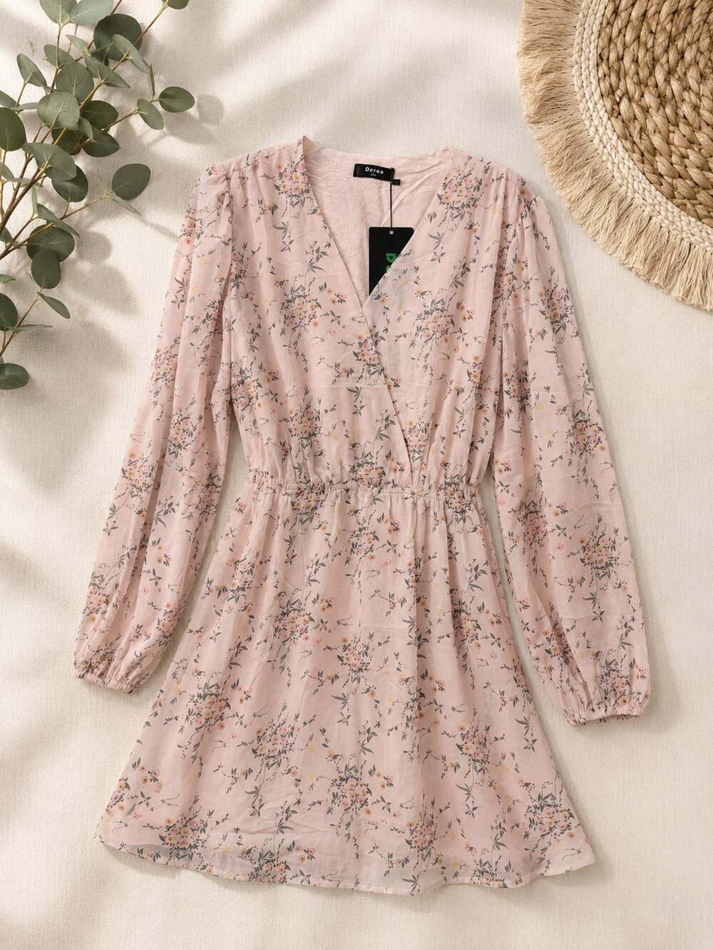DERAX Pink Floral V-Neck Long Sleeve  Dress Sz L / XL